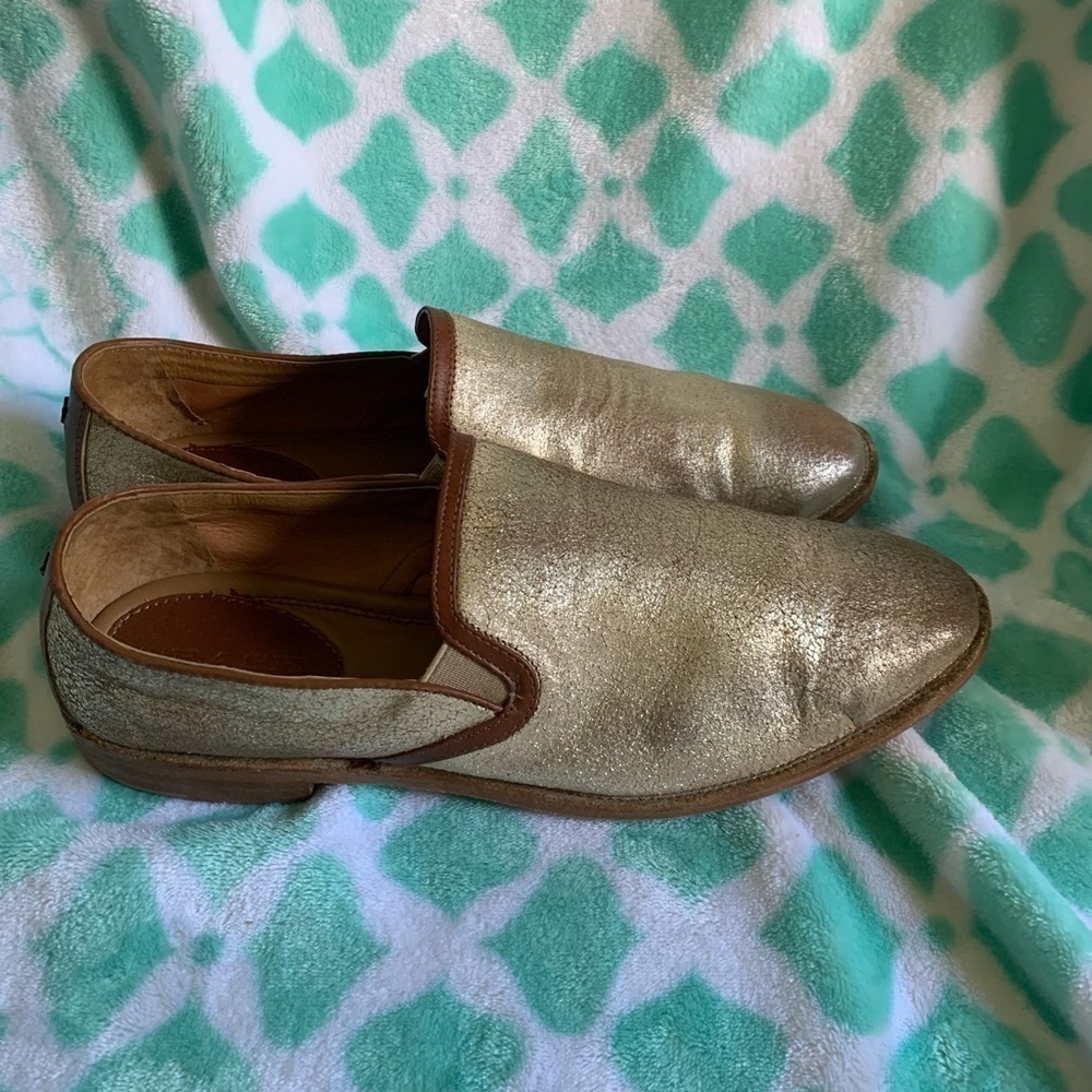 HS Trask Ali gold metallic leather slip ons. 10